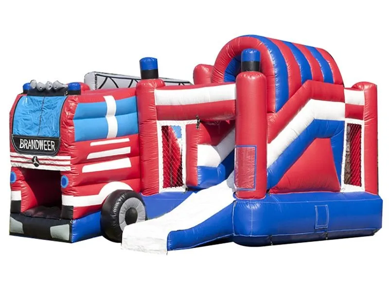 Fire truck-themed jumping castle with slide, perfect for kids' parties. Fun, durable design available for affordable online purchase in South Africa.