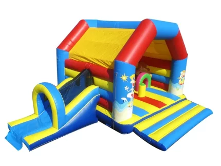 Bright multicolor jumping castle with slide and fun designs, perfect for kids' parties. Durable, high-quality, and available for online purchase in South Africa.