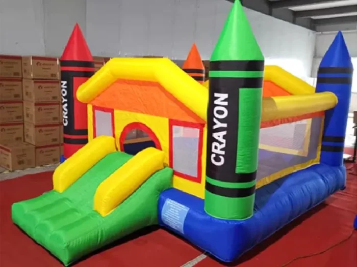 Crayon-themed inflatable jumping castle with slide, perfect for kids' parties and events. Buy affordable, high-quality options online in South Africa.