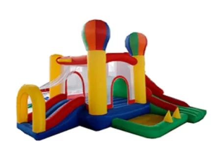 Hot air balloon-themed inflatable jumping castle with slides and play area, perfect for kids' parties. Buy affordable, high-quality options online in South Africa.