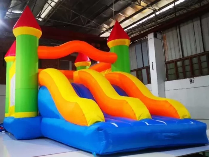 Vibrant castle-themed inflatable jumping castle with dual slides, perfect for kids' parties. Buy affordable, high-quality options online in South Africa.