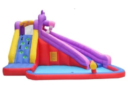 Unicorn-themed inflatable water slide with climbing wall and splash pool, perfect for kids' parties. Buy high-quality, affordable options online in South Africa.