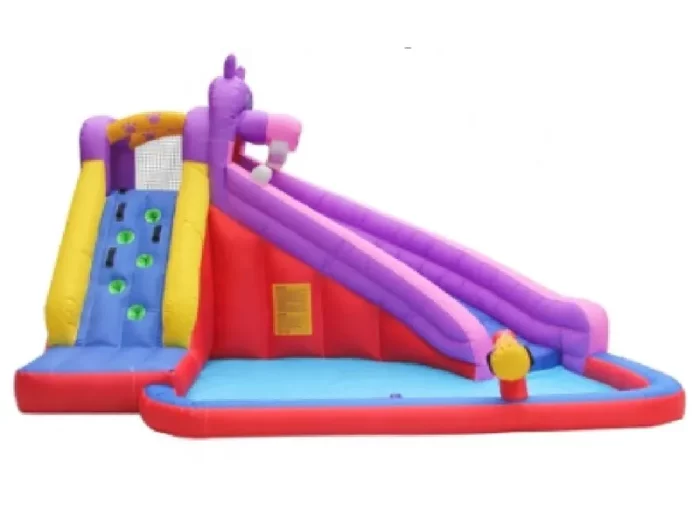 Unicorn-themed inflatable water slide with climbing wall and splash pool, perfect for kids' parties. Buy high-quality, affordable options online in South Africa.