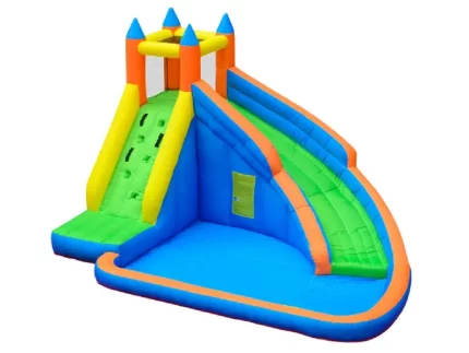 Colorful castle-themed inflatable water slide with climbing wall and splash pool, perfect for kids' parties. Buy high-quality, affordable options online in South Africa.